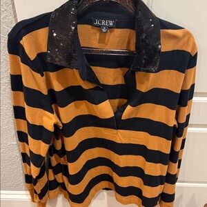 J. Crew Women's Black and Orange Striped Top with Sequin Collar